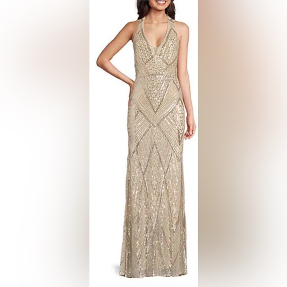 R&M Richards Metallic Gold Halter Maxi Dress